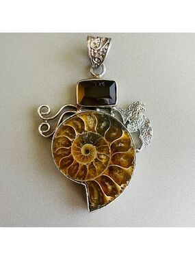 LARGE AMMONITE & SMOKEY QUARTZ ARTISAN STERLING 925 SILVER 2.5” PENDANT …